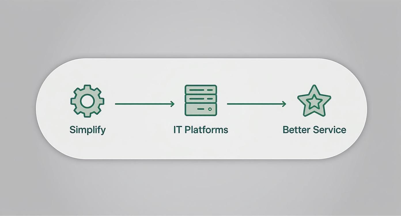 Een diagram dat een proces toont van vereenvoudiging naar IT-platforms en betere service, met iconen.