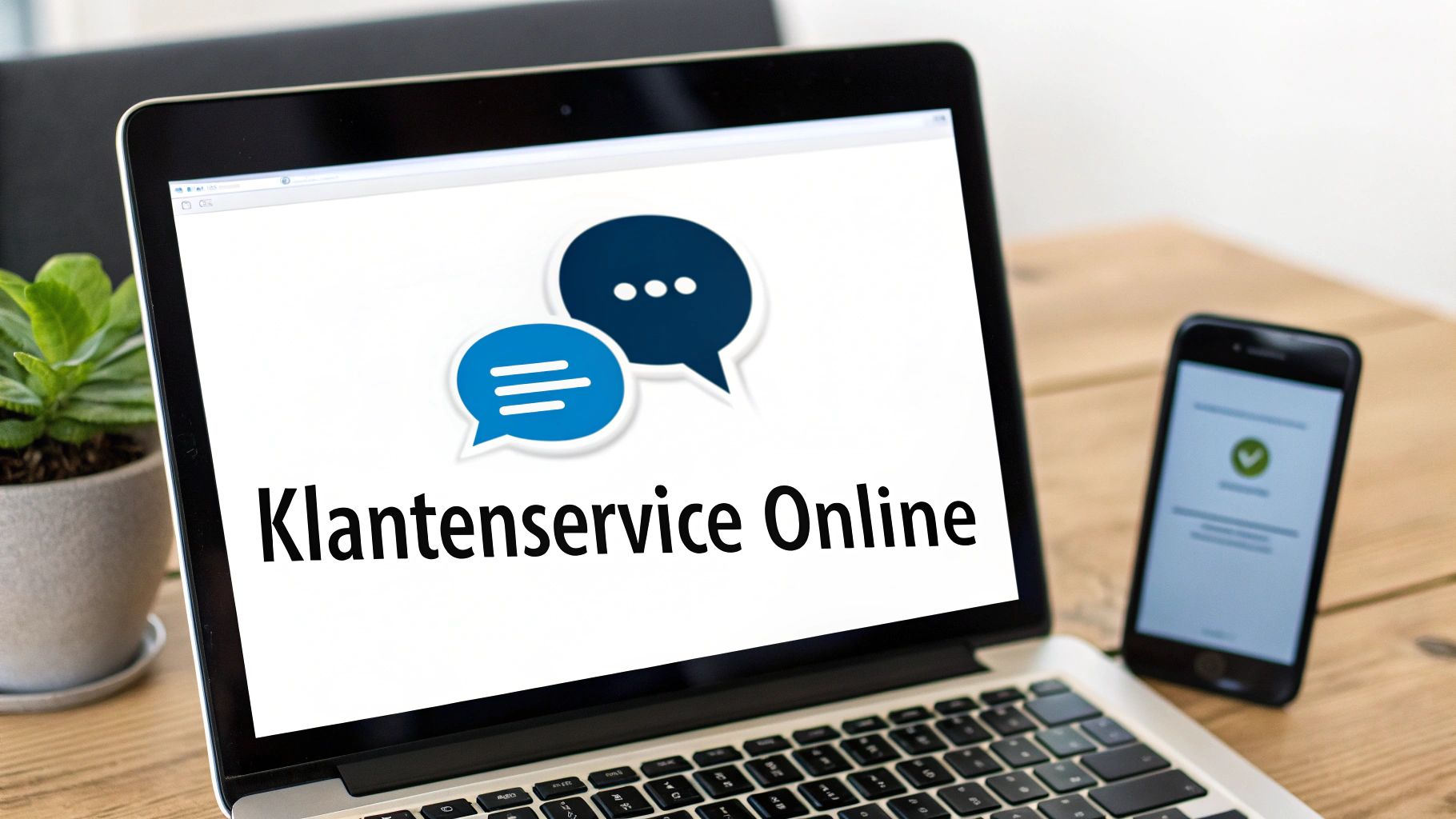 Laptop toont 'Klantenservice Online' met chatbubbel-iconen, naast een smartphone op een houten tafel, ideaal voor digitale ondersteuning.