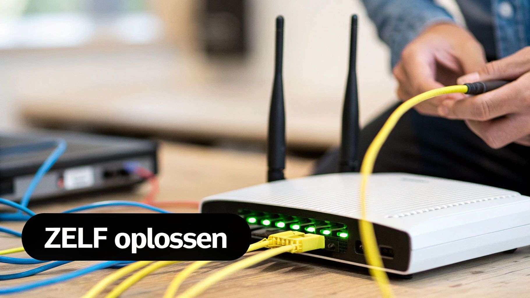Een persoon die zelf een modem reset.