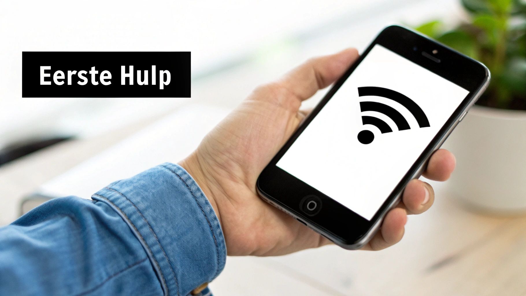 Een persoon die een smartphone vasthoudt met het KPN-logo op het scherm.