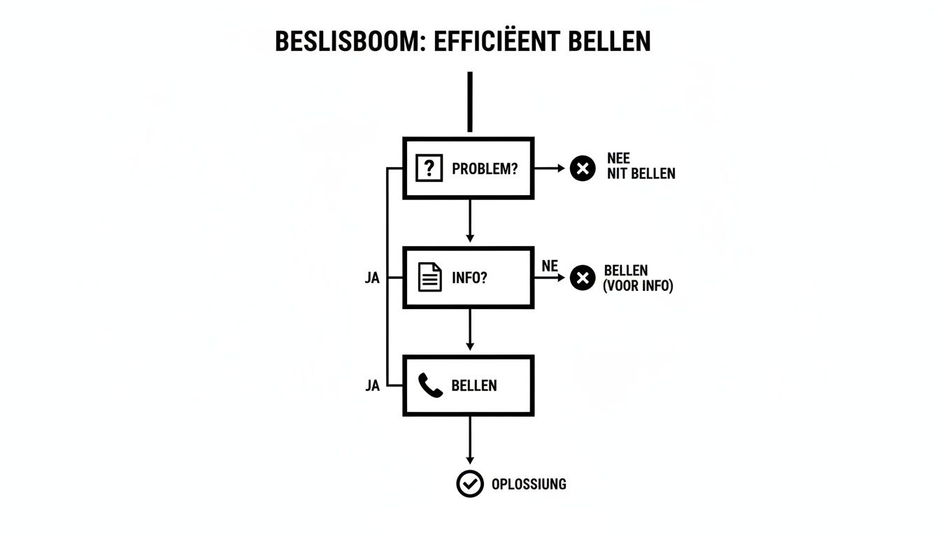 Beslisboom voor efficiënt bellen met stappen voor probleem, informatie en bellen voor een oplossing.