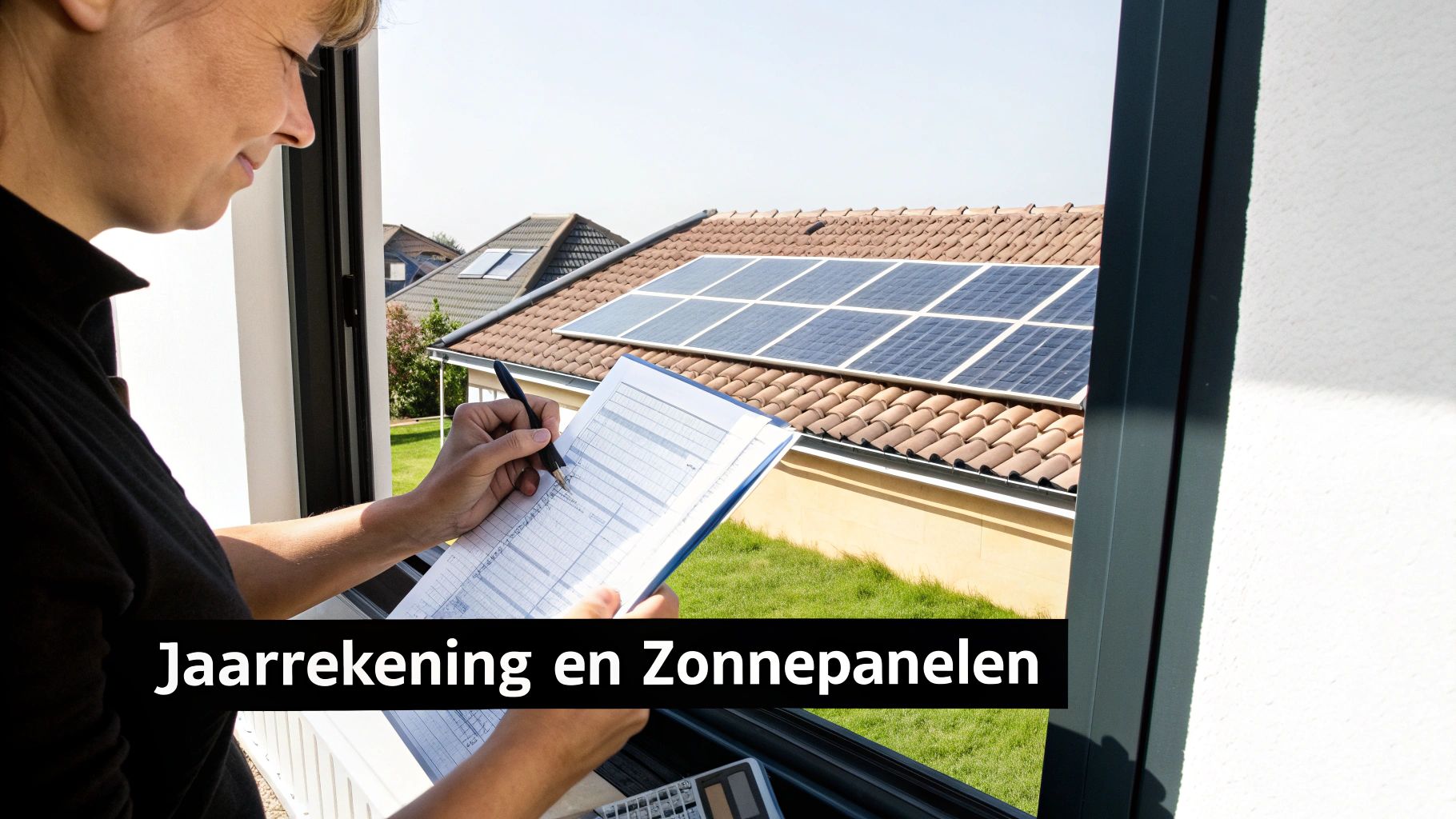 Professional berekent jaarlijkse kosten en opbrengsten van zonnepanelen installatie op huisdak