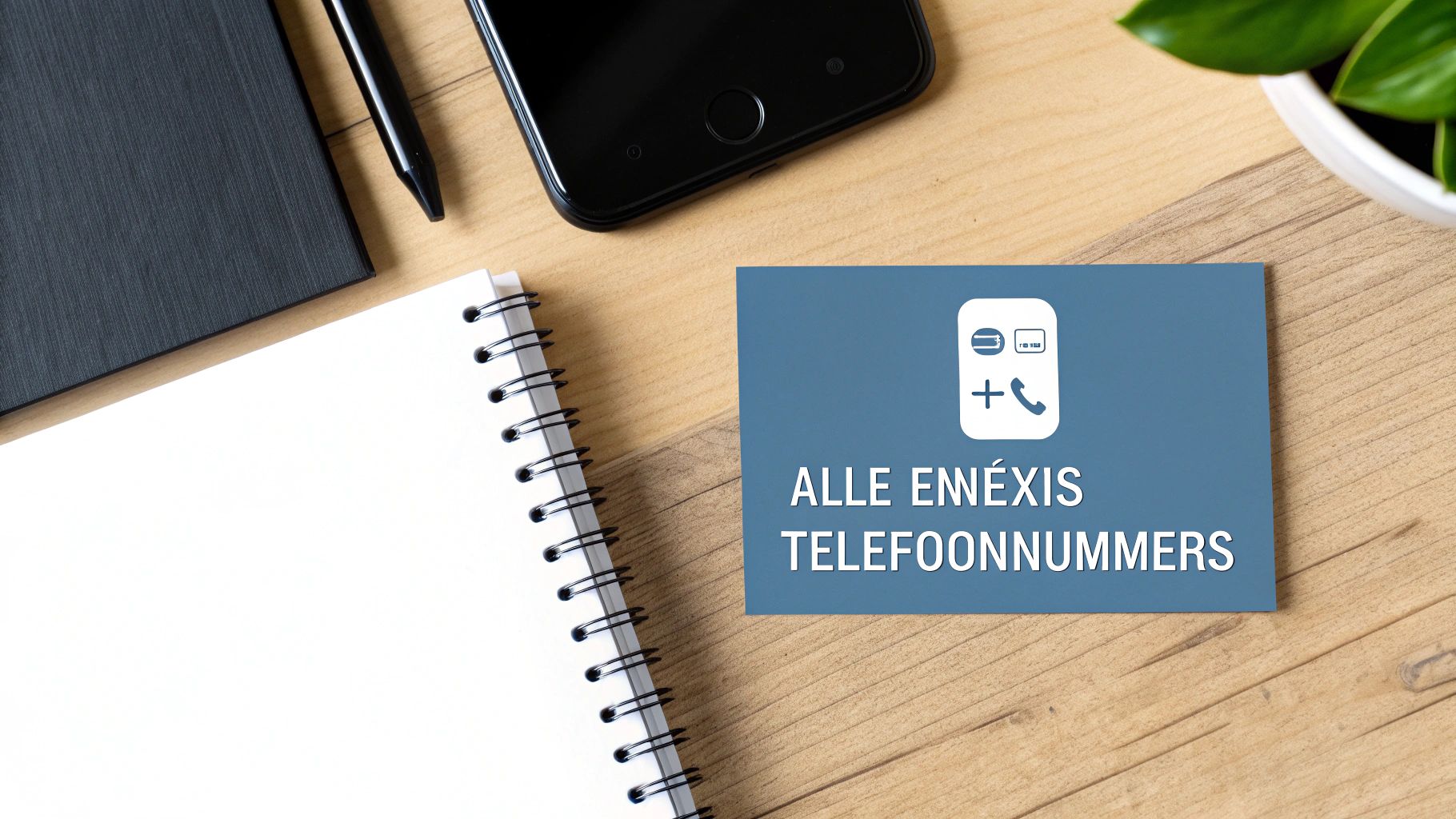 Een blauwe kaart met 'ALLE ENÉXIS TELEFOONNUMMERS' op een houten bureau met kantoorbenodigdheden.