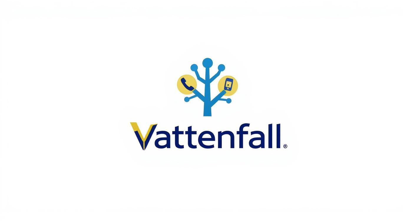 Vattenfall logo met blauwe boom en communicatie iconen voor telefoon en mobiele service contact
