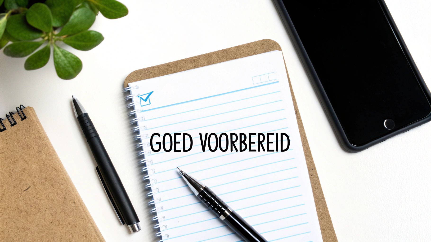 Notitieblok met tekst 'goed voorbereid', smartphone, pennen en plant op wit bureau