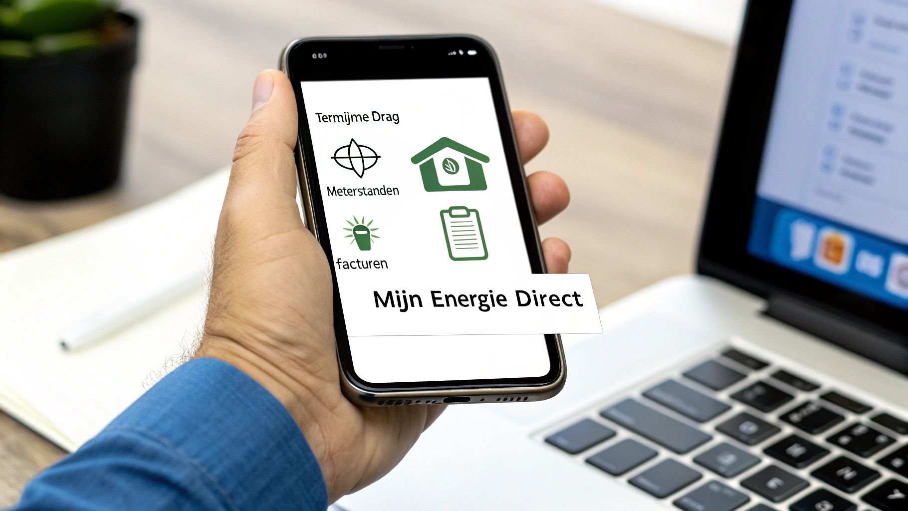 Een persoon houdt een smartphone vast met een app voor energiebeheer, inclusief opties voor meterstanden en facturen, met de tekst 'Mijn Energie Direct'.
