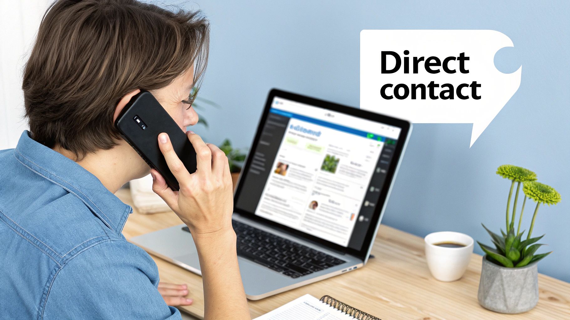 Persoon belt aan de telefoon terwijl hij naar een laptop kijkt met een spraakballon 'Direct contact'.