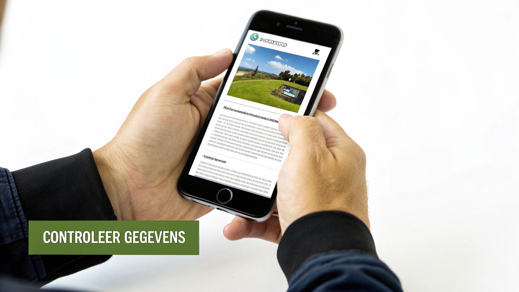 Een persoon houdt een smartphone vast met een website die een groen veld toont. Onderaan staat 'CONTROLEER GEGEVENS'.