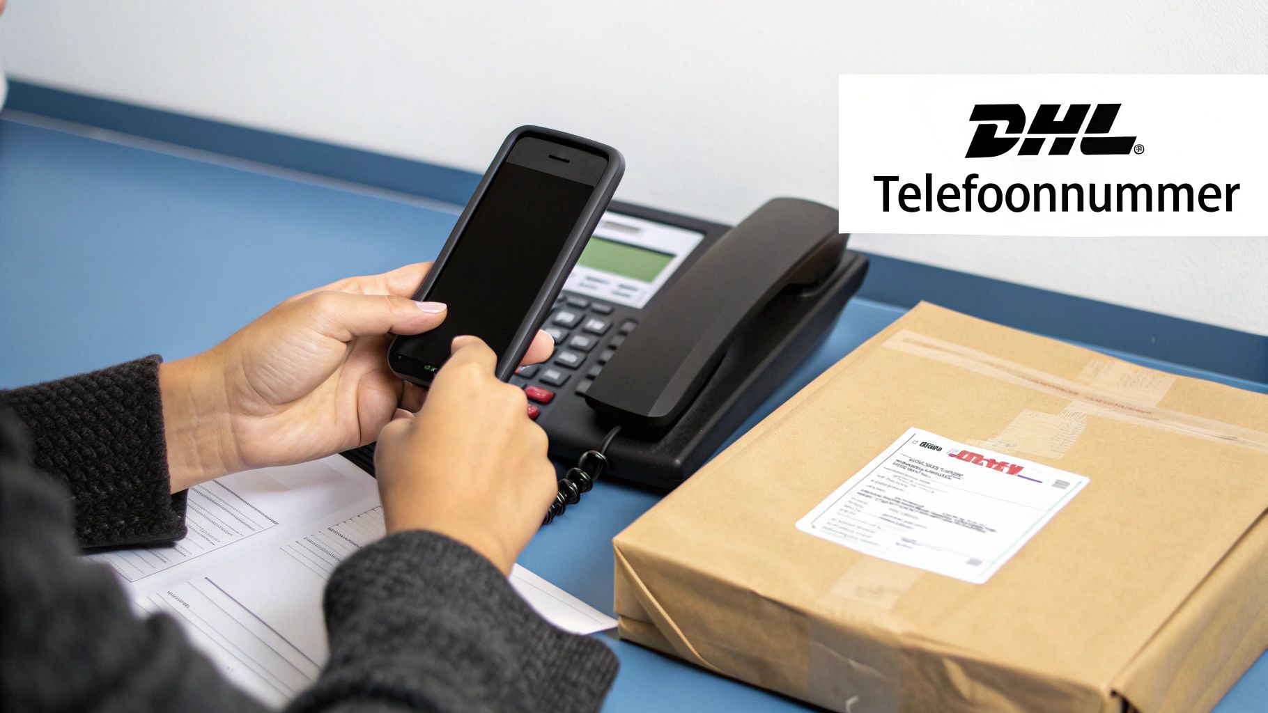 Vrouw met smartphone zoekt DHL telefoonnummer bij een pakket en vast telefoontoestel op tafel.