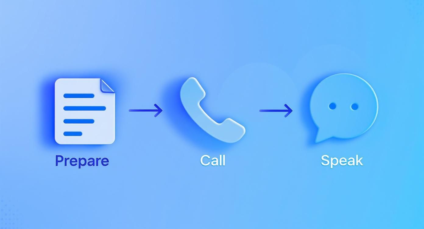 Illustratie van een proces: voorbereiden (document), bellen (telefoon) en spreken (chatbubbel).