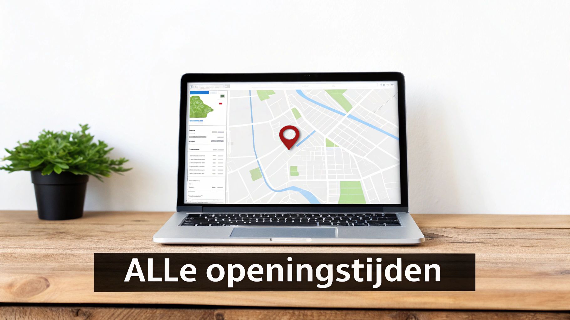 Een laptop op een houten bureau toont een kaart met een rode locatiepin en de tekst 'ALLE openingstijden'.