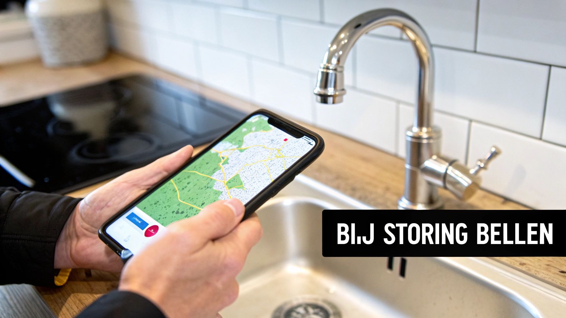 Een persoon houdt een smartphone met een kaartapp vast boven een gootsteen en kraan. Tekst: BIJ STORING BELLEN.