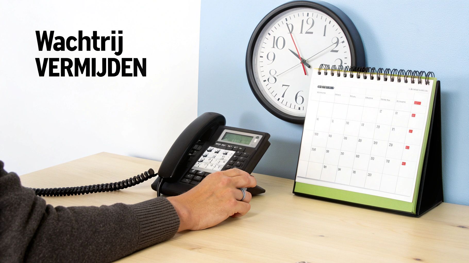Een hand toetst een telefoon op een bureau met een kalender en klok, naast de tekst "Wachtrij VERMIJDEN".