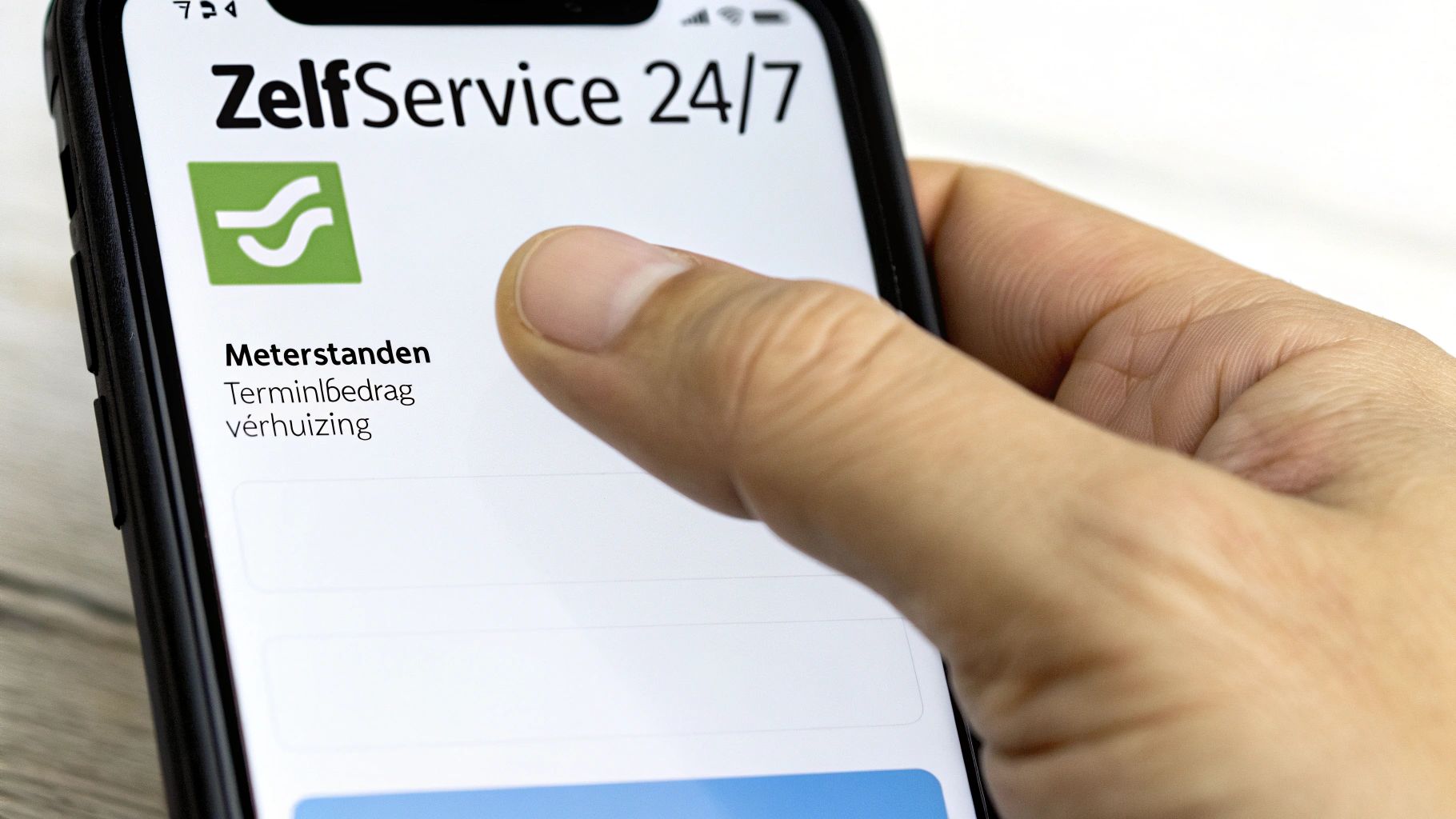 Een hand houdt een smartphone vast waarop de 'ZelfService 24/7' app van Oxxio te zien is met opties als 'Meterstanden'.