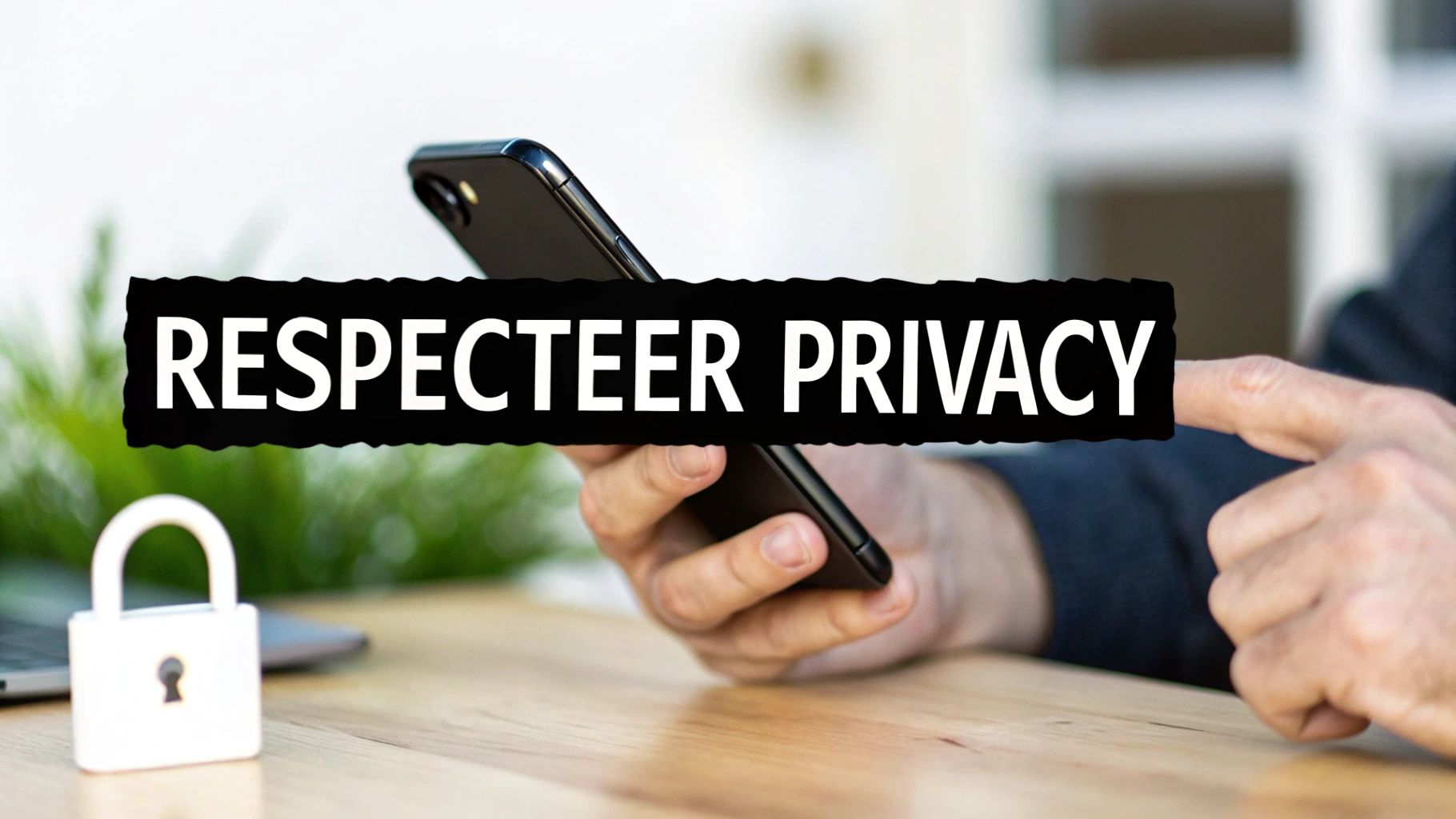 Persoon houdt smartphone vast met hangslot symbool en tekst respecteer privacy voor gegevensbescherming
