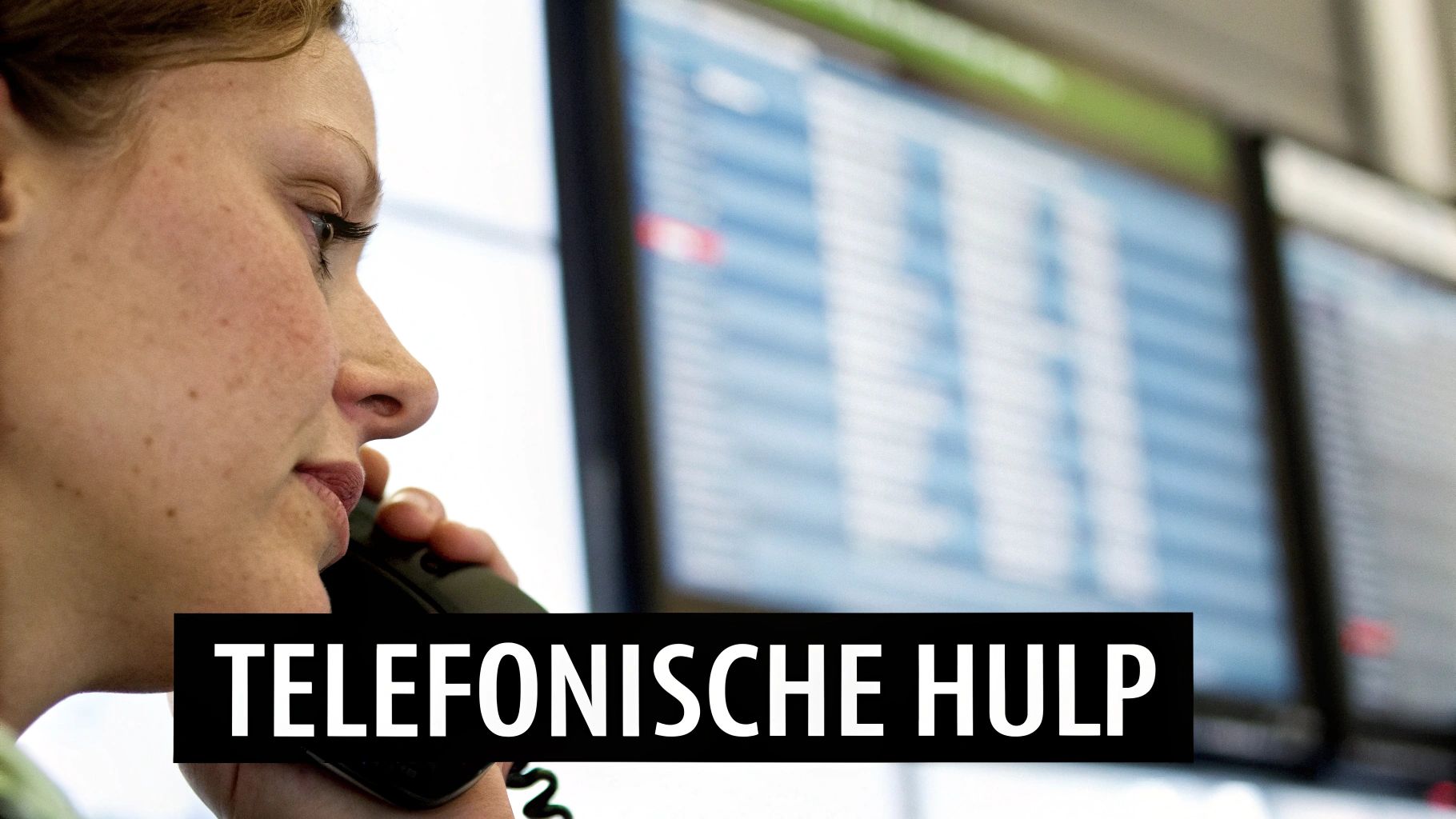 Vrouwelijke klantenservice medewerker beantwoordt telefonische hulpvraag terwijl ze naar computerscherm kijkt
