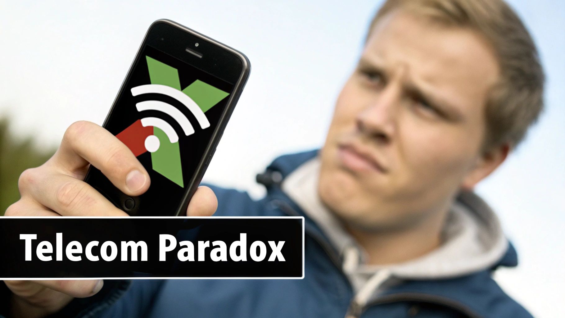 Persoon met smartphone toont Wi-Fi-icoon met rode X, wat slecht bereik betekent, met verwarde uitdrukking. Banner: 'Telecom Paradox'.