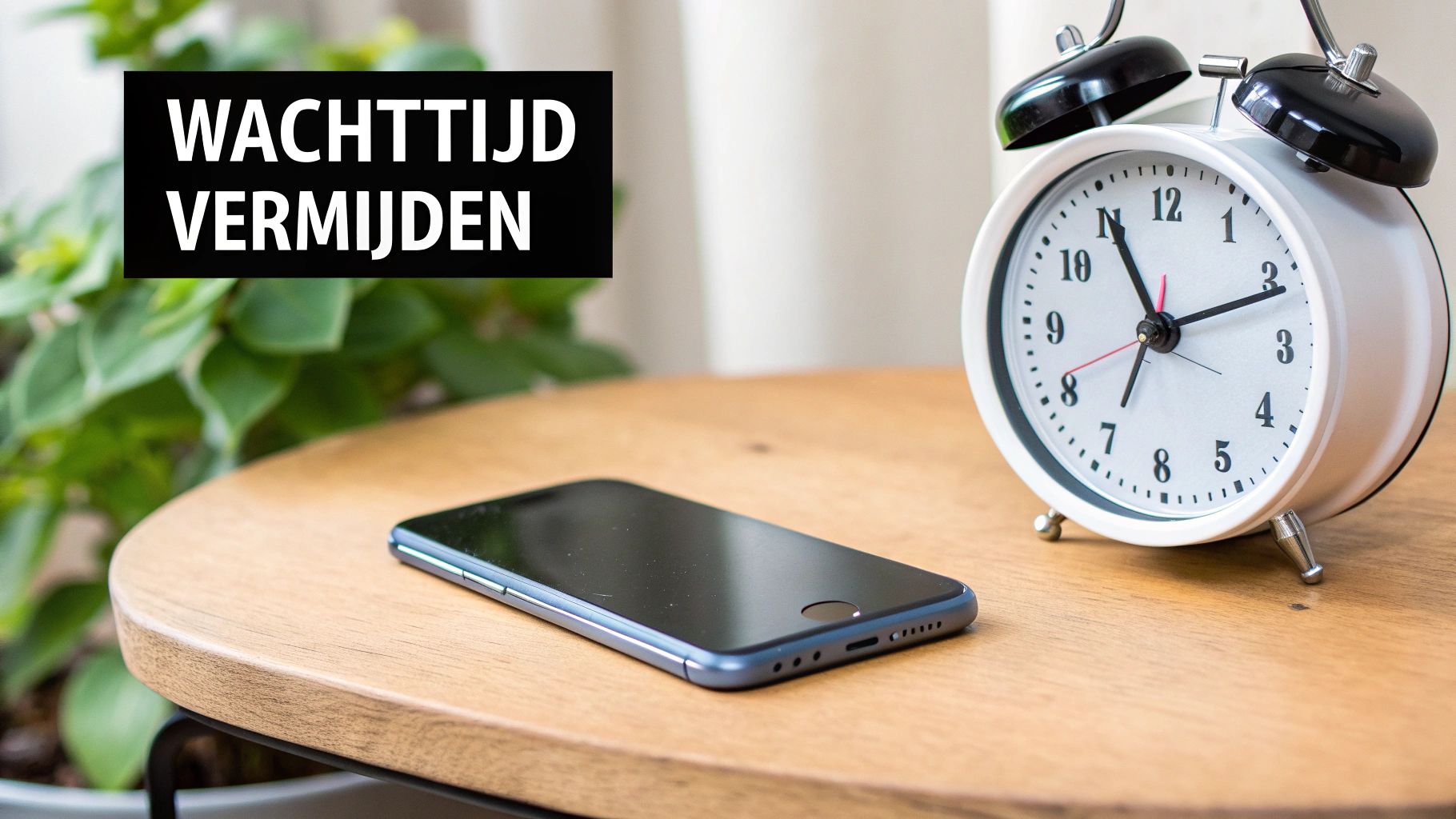 Een houten bijzettafel met een smartphone en een witte wekker, naast een banner met 'WACHTTIJD VERMIJDEN'.