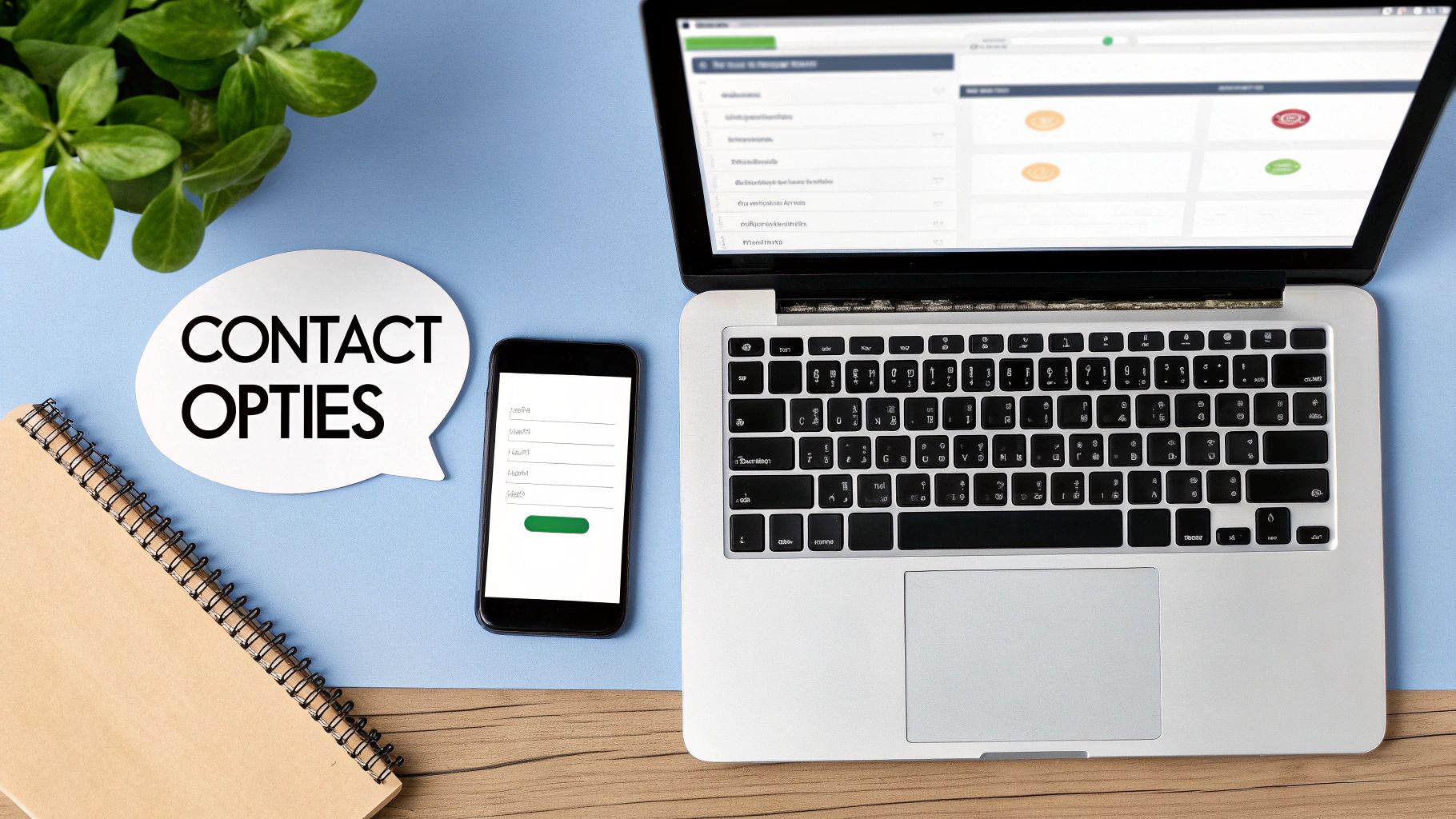 Bovenaanzicht van een bureau met laptop, smartphone, spraakballon met 'CONTACT OPTIES', notitieblok en plant.