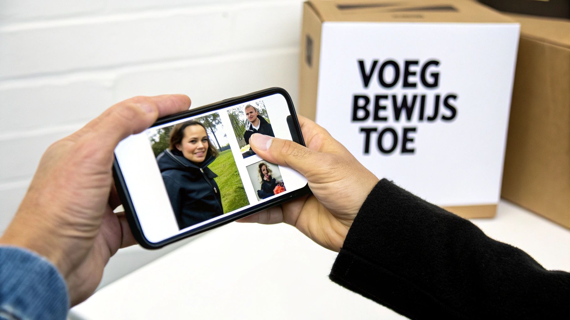 Twee handen houden een smartphone vast die een galerij met drie portretfoto's van mensen toont. Op de achtergrond staat een doos met de tekst 'VOEG BEWIJS TOE'.
