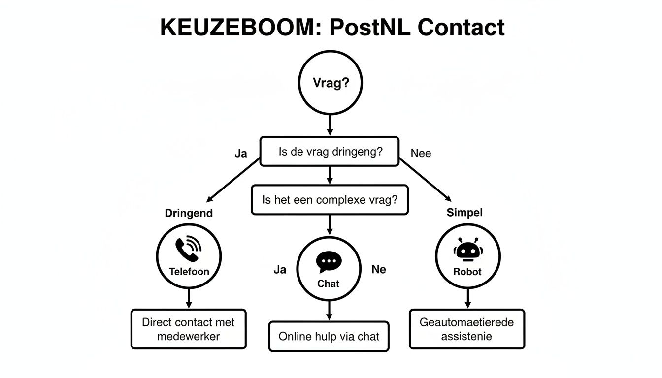 Een stroomschema dat de contactmogelijkheden met PostNL toont op basis van de urgentie en complexiteit van de vraag.
