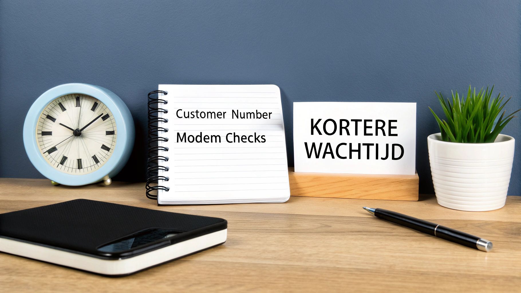 Bureau met wekker, notitieboekje met klantnummer en modemcontroles, en een kaartje met 'KORTERE WACHTTIJD'.