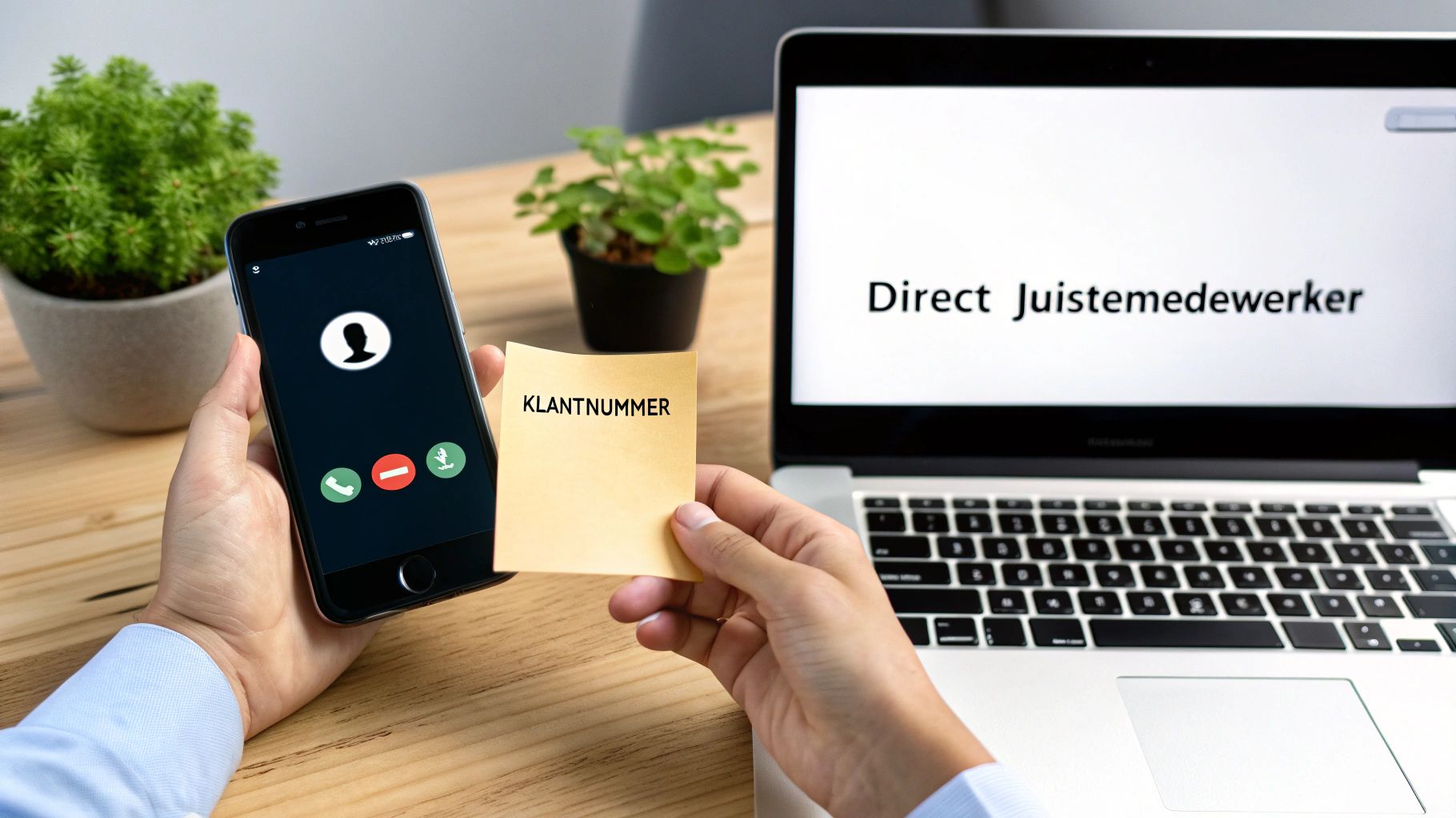 Persoon belt klantenservice met smartphone, houdt notitie met 'KLANTNUMMER' vast, laptop toont 'Direct Juistemedewerker'.