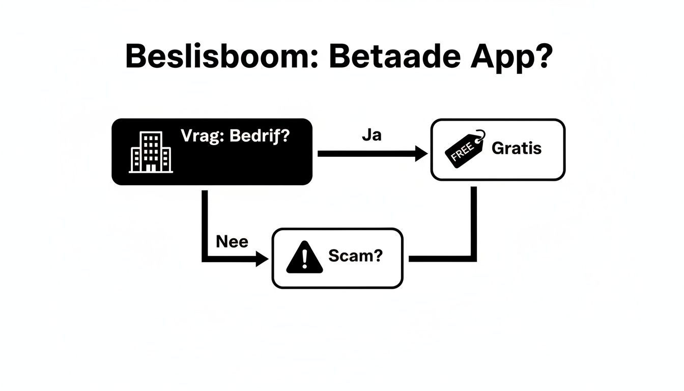 Beslisboom die stappen toont om te bepalen of een app van een bedrijf gratis is of mogelijk een scam.