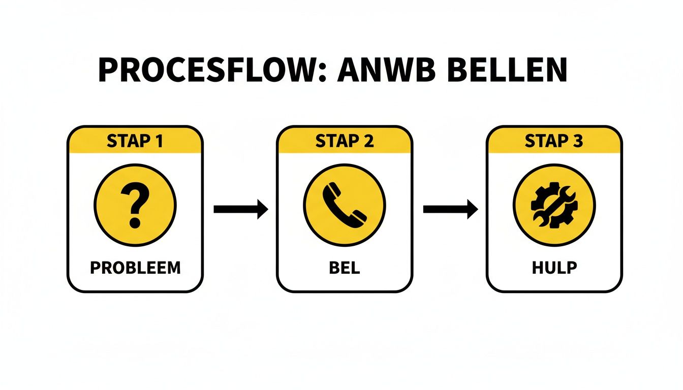 Procesflow voor het bellen van de ANWB met drie stappen: probleem, bellen en hulp.