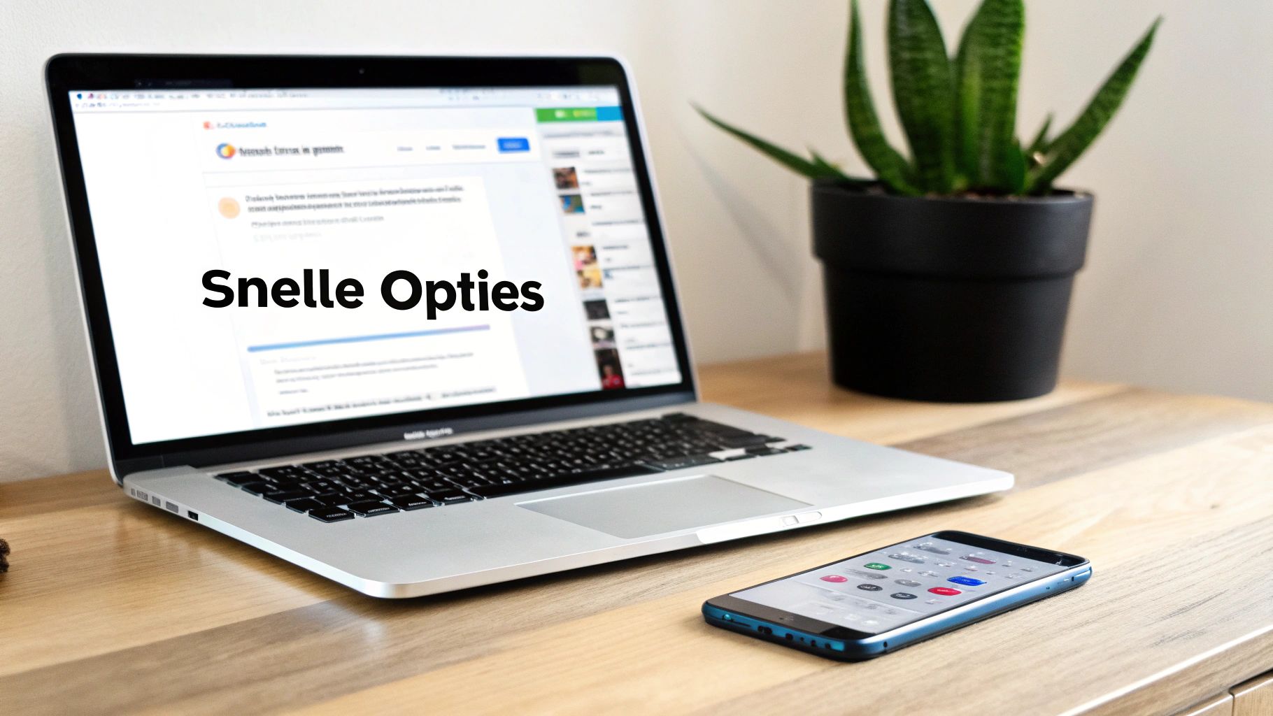 Een laptop met 'Snelle Opties' op het scherm, een smartphone en een plant op een houten bureau.