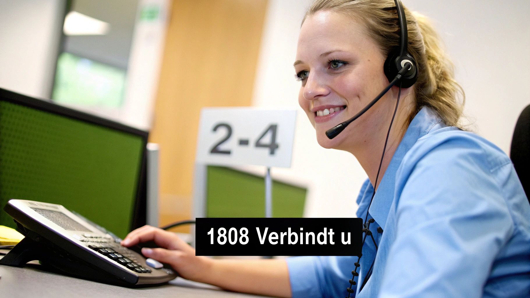 Een vriendelijke telefoniste met headset en blauw overhemd glimlacht terwijl ze een klant helpt via de telefoon.