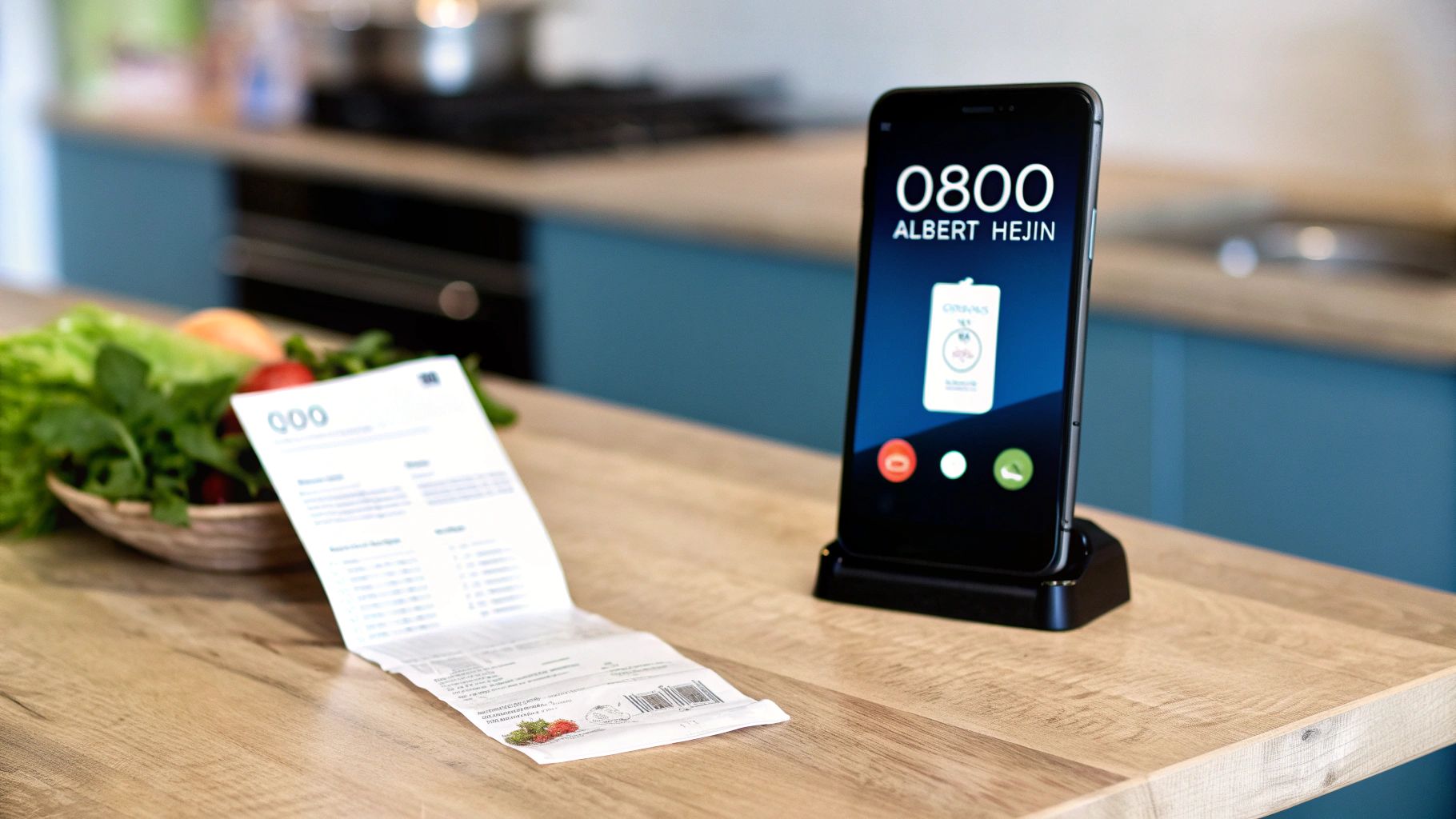 Smartphone met Albert Heijn telefoonnummer op standaard, naast een kassabon en verse groenten in een keuken.