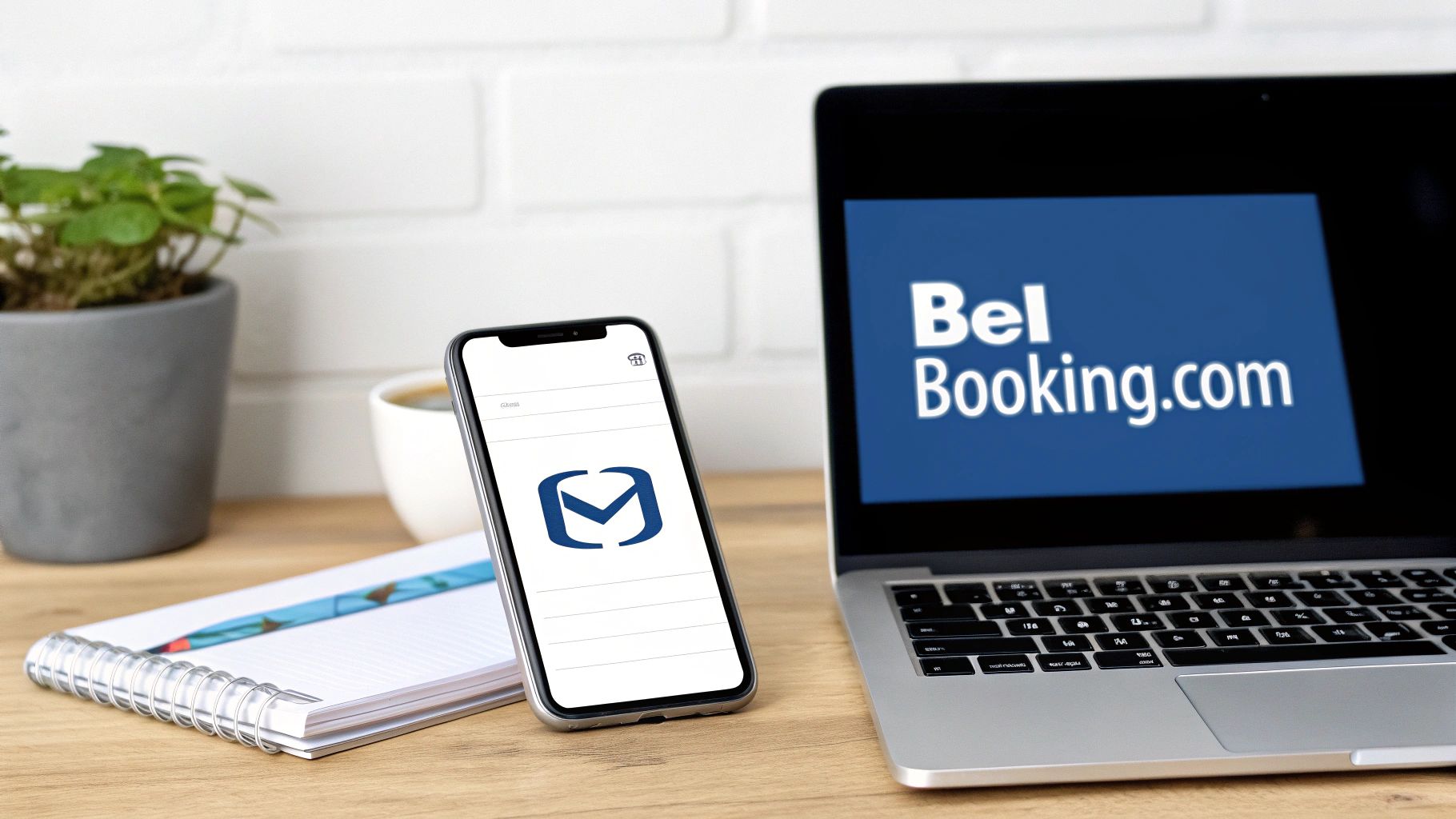 Een bureau met een laptop die Booking.com toont en een smartphone met een logo, naast een notitieblok, plant en koffiekop.