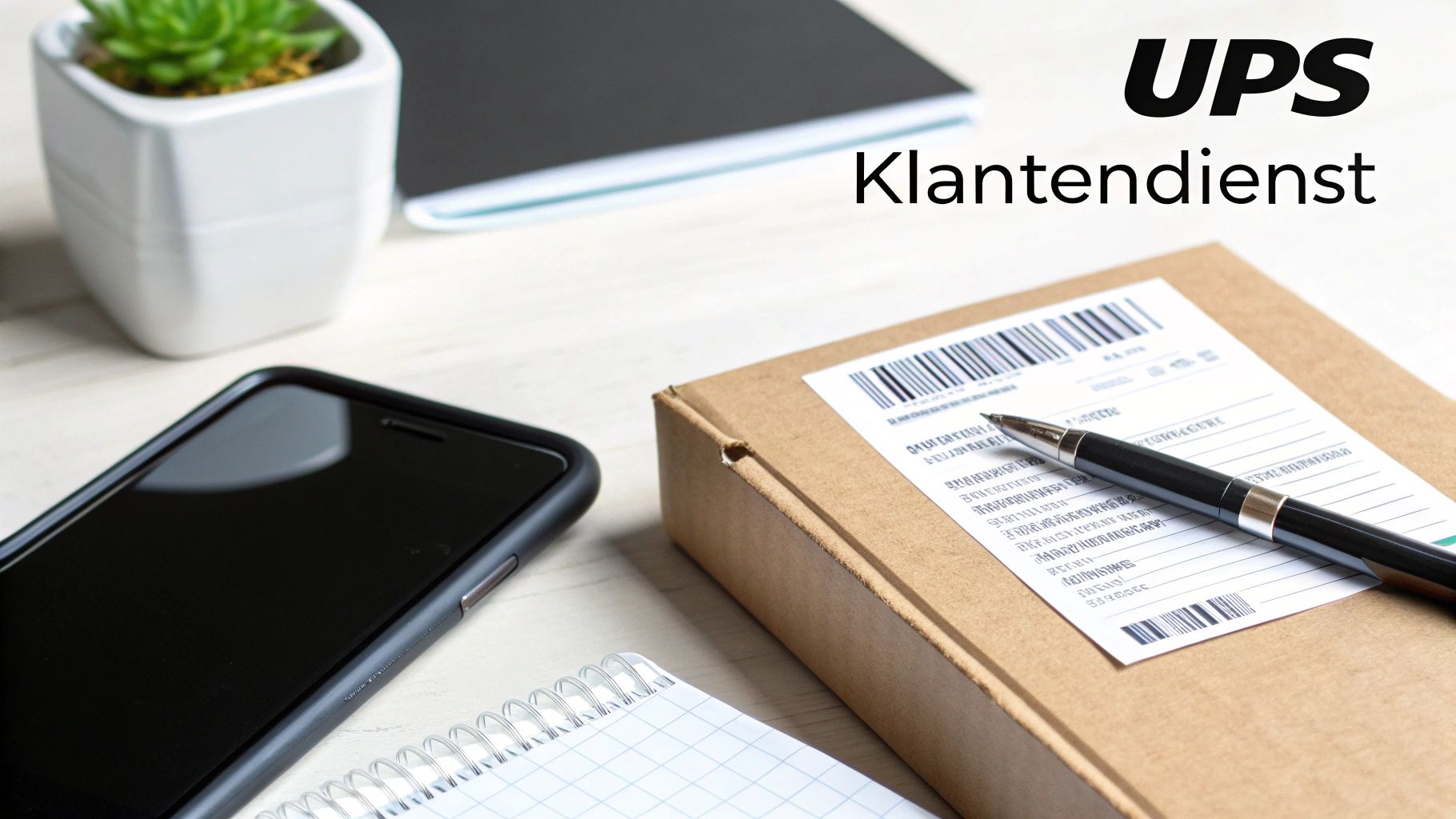 Een UPS-pakket met verzendlabel en een pen ligt op een tafel, naast een smartphone en notebook. Bovenaan staat 'UPS Klantendienst'.