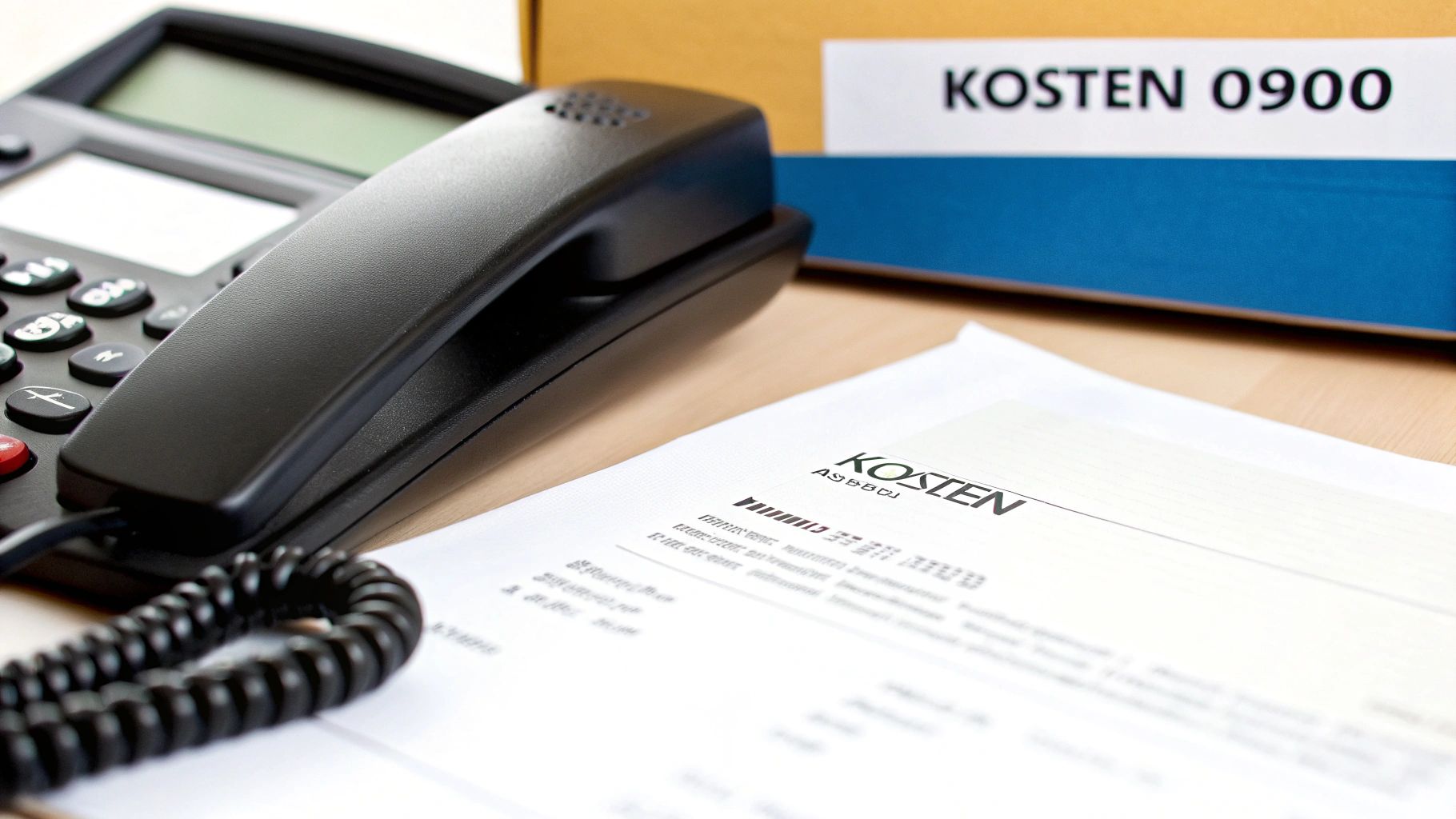 Telefoon en kostenblad op bureau voor het zoeken naar alternatief contactnummer voor energieleverancier