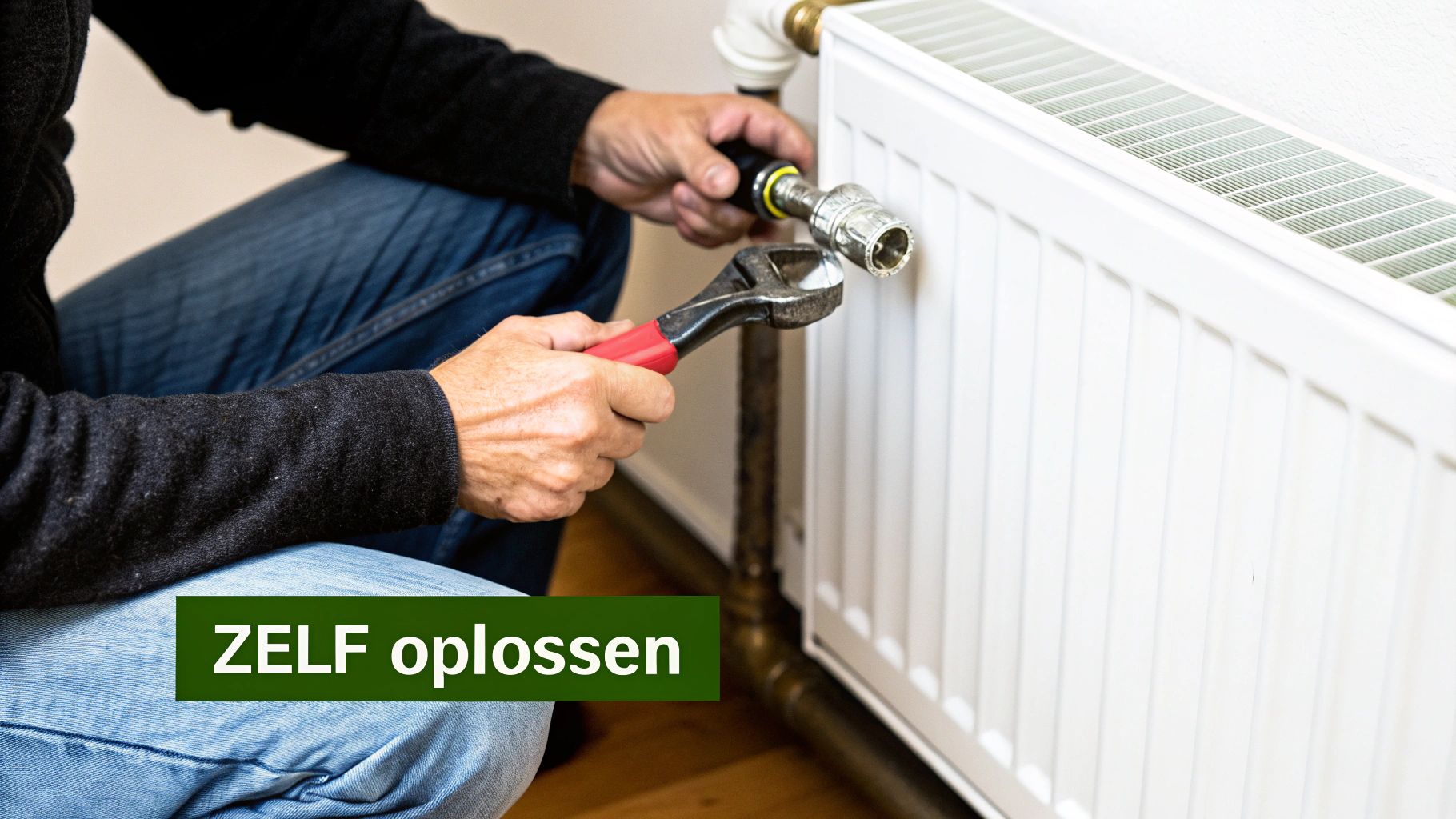Een persoon repareert een radiator met een moersleutel en ander gereedschap. Tekst: ZELF oplossen.