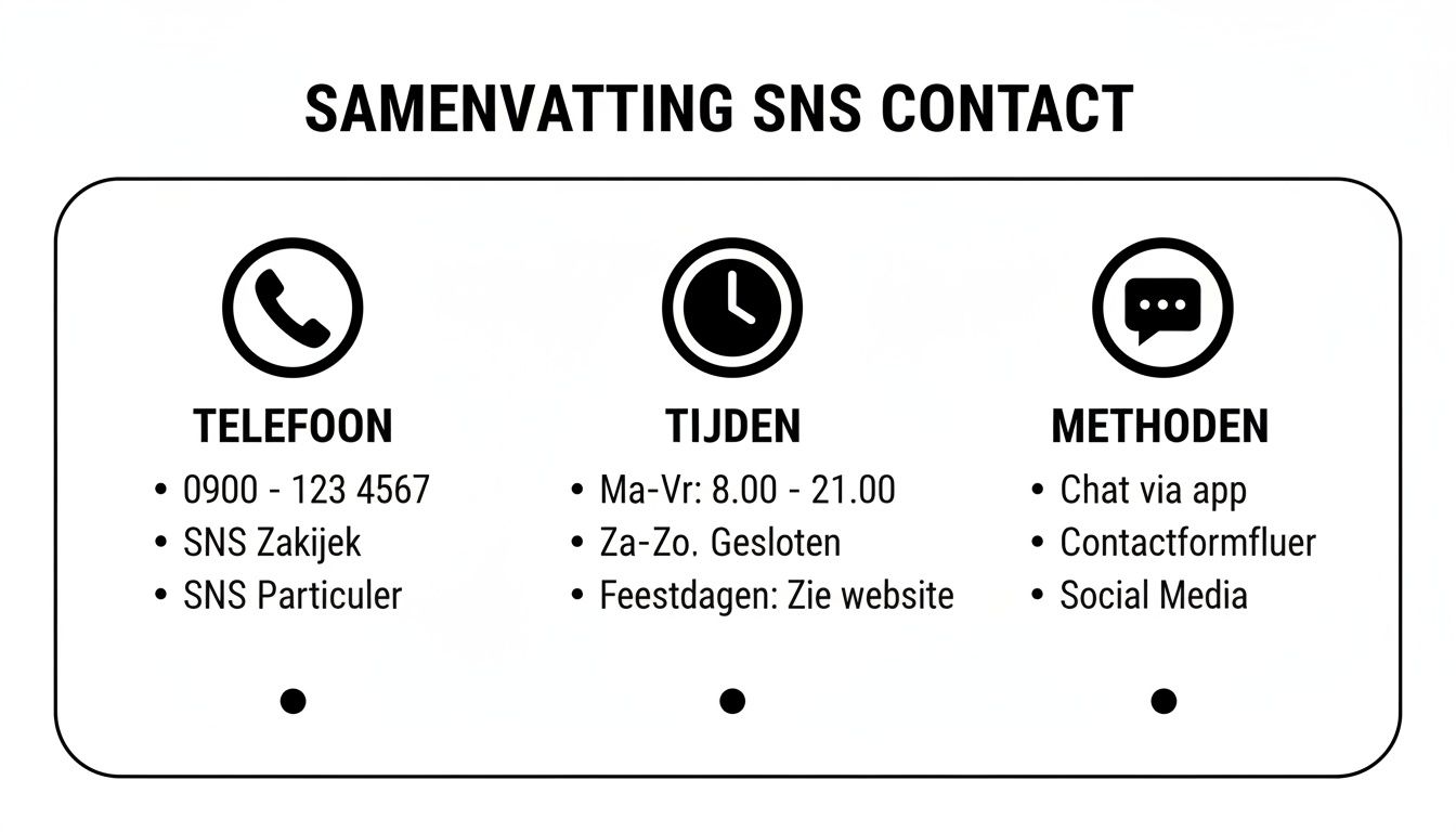 Overzicht van contactmogelijkheden met SNS Bank, inclusief telefoonnummer, openingstijden en methoden zoals chat en sociale media.