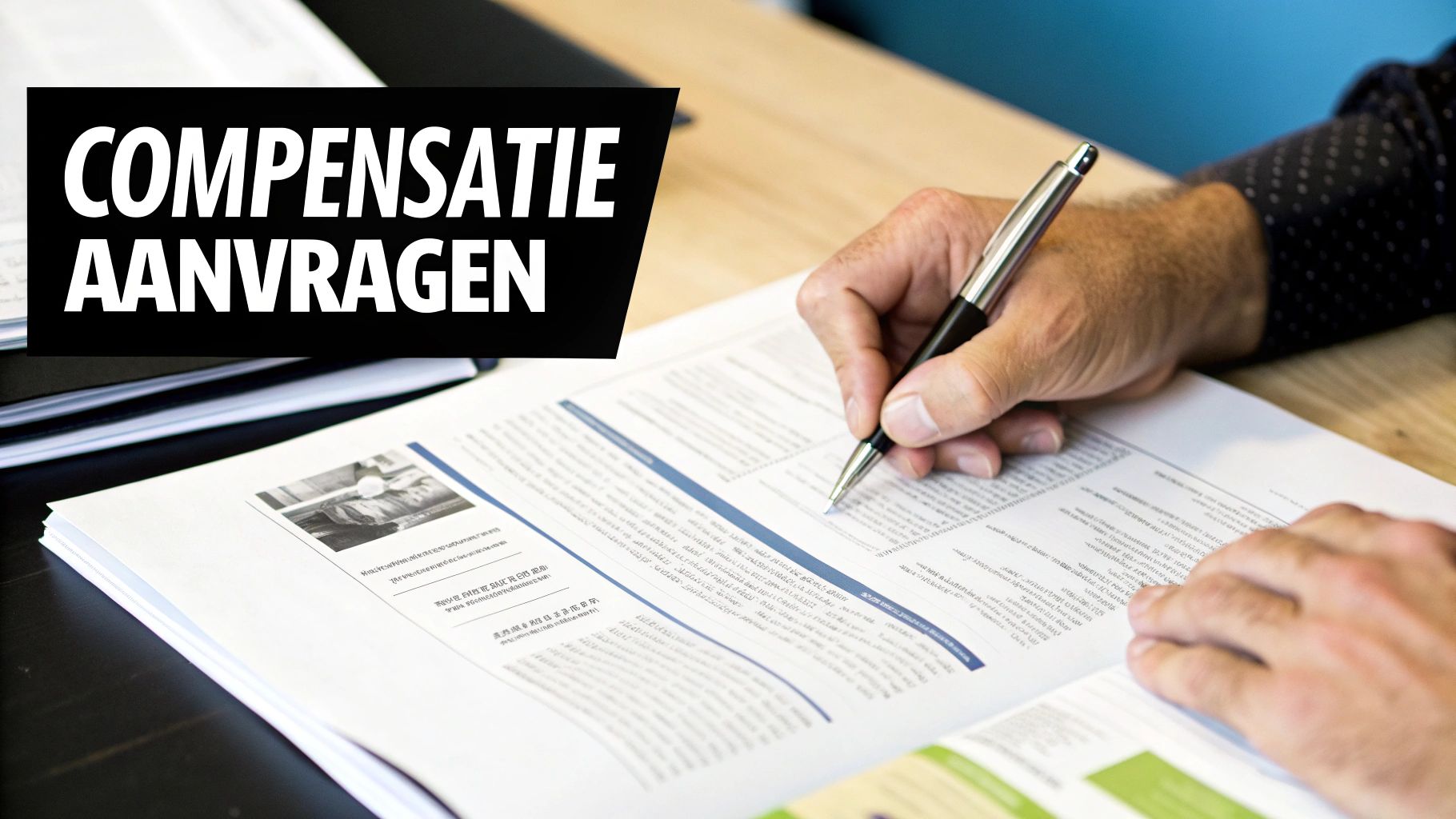 Persoon vult compensatie aanvraagformulier in met pen op houten bureau met documenten