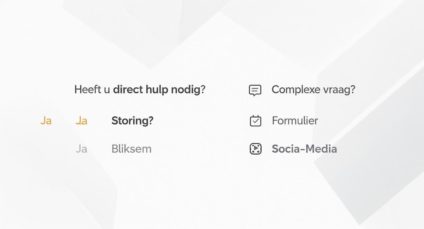 Infographic die een beslisboom toont voor het kiezen van de juiste contactmethode bij Ziggo Zakelijk