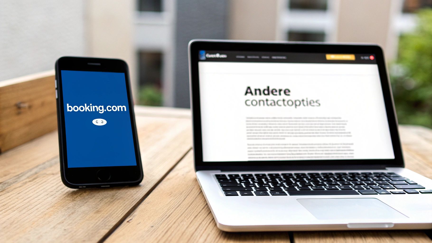 Een smartphone met booking.com en een laptop met contactopties op een houten tafel.
