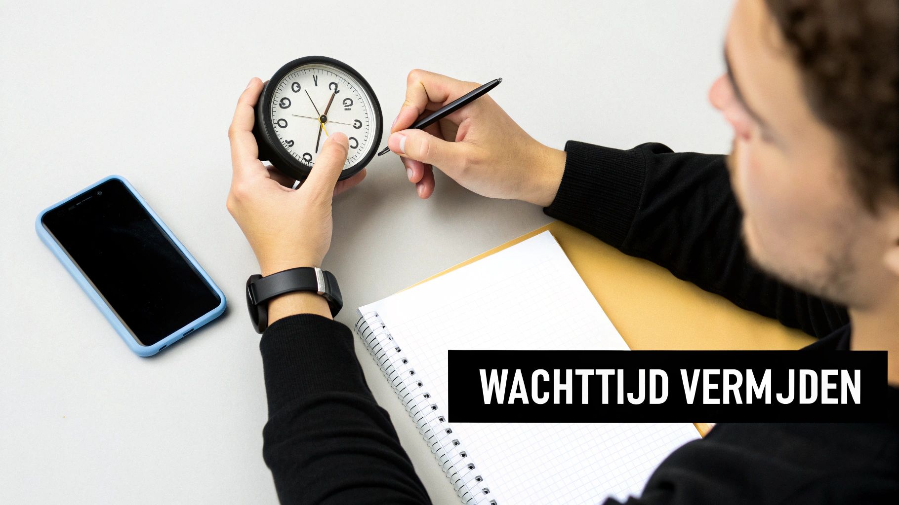 Persoon plant wachttijd met klok en notitieblok om klantenservice te bellen