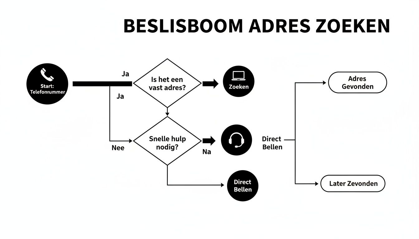 Beslisboom voor het zoeken naar adressen, beginnend met een telefoonnummer en diverse beslissingspunten.