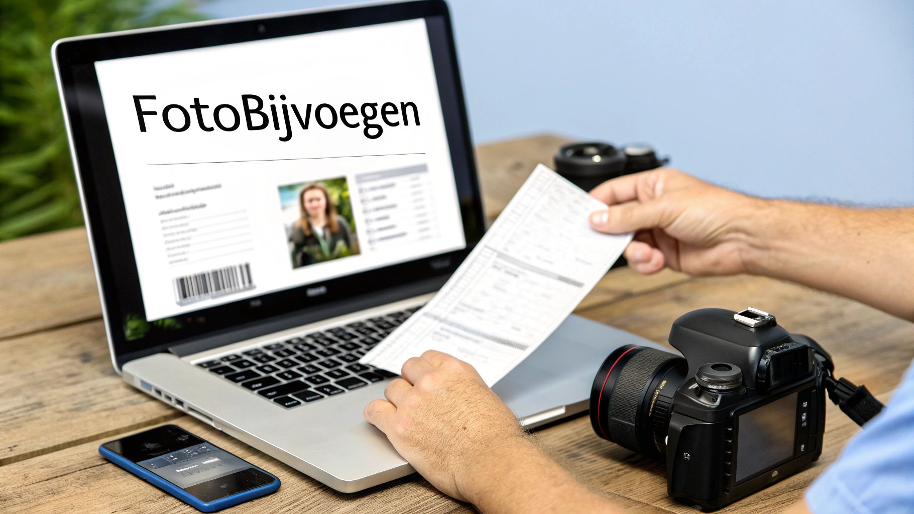 Een persoon bekijkt een laptop met 'FotoBijvoegen' en een pasfoto, terwijl hij een document vasthoudt. Er liggen ook een camera en telefoon op tafel.