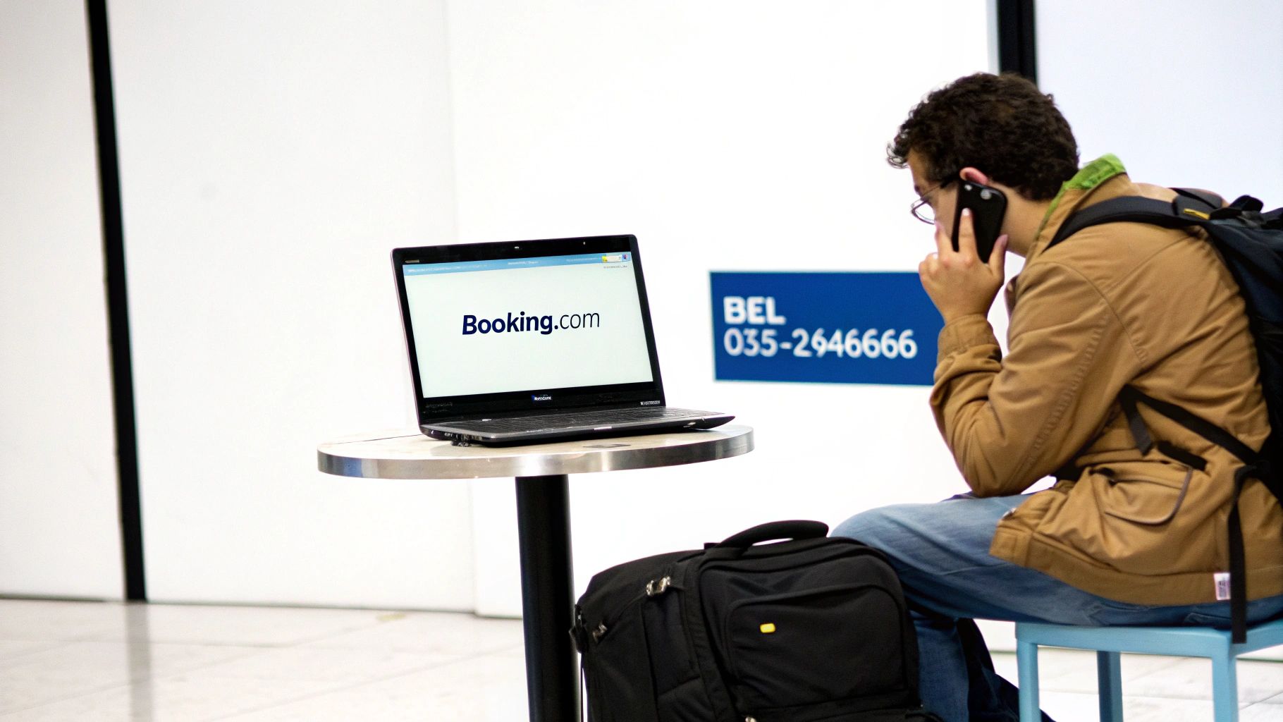 Een persoon belt met een mobiele telefoon, terwijl een laptop de website Booking.com toont met bagage erbij.