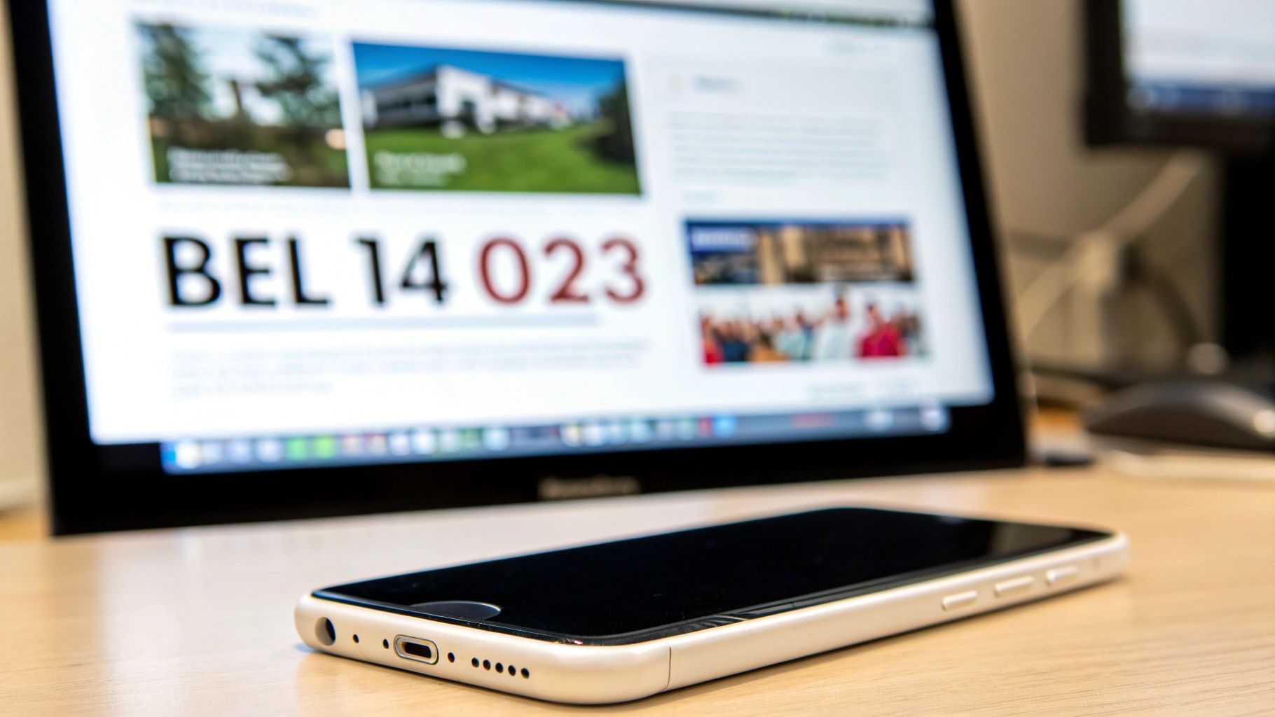 Een smartphone ligt op een houten bureau, met een laptop op de achtergrond die een website toont met 'BEL 14 023'.