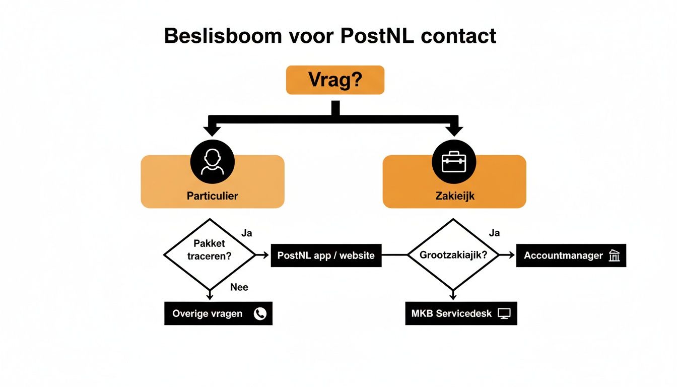Beslisboom voor PostNL contact met verschillende opties voor particuliere en zakelijke klanten.