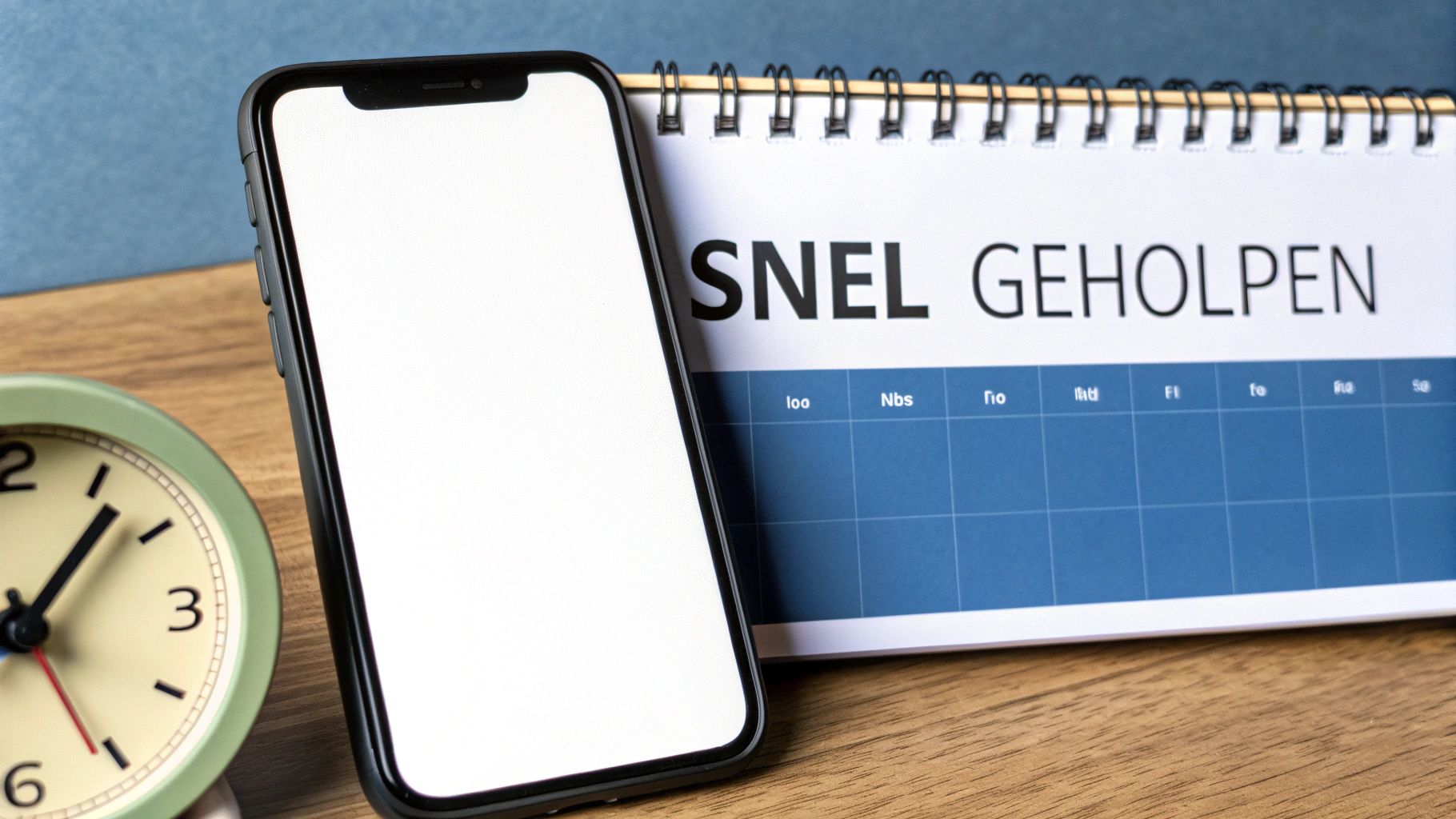 Een smartphone met leeg scherm naast een kalender met 'SNEL GEHOLPEN' en een groene wekker op een houten tafel.
