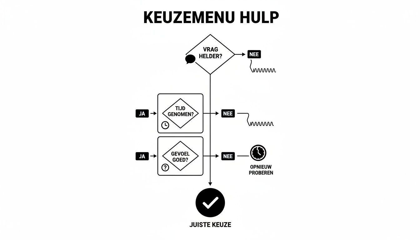 Flowchart 'Keuzemenu Hulp' begeleidt gebruikers door vragen over helderheid, tijd en gevoel voor de juiste keuze.