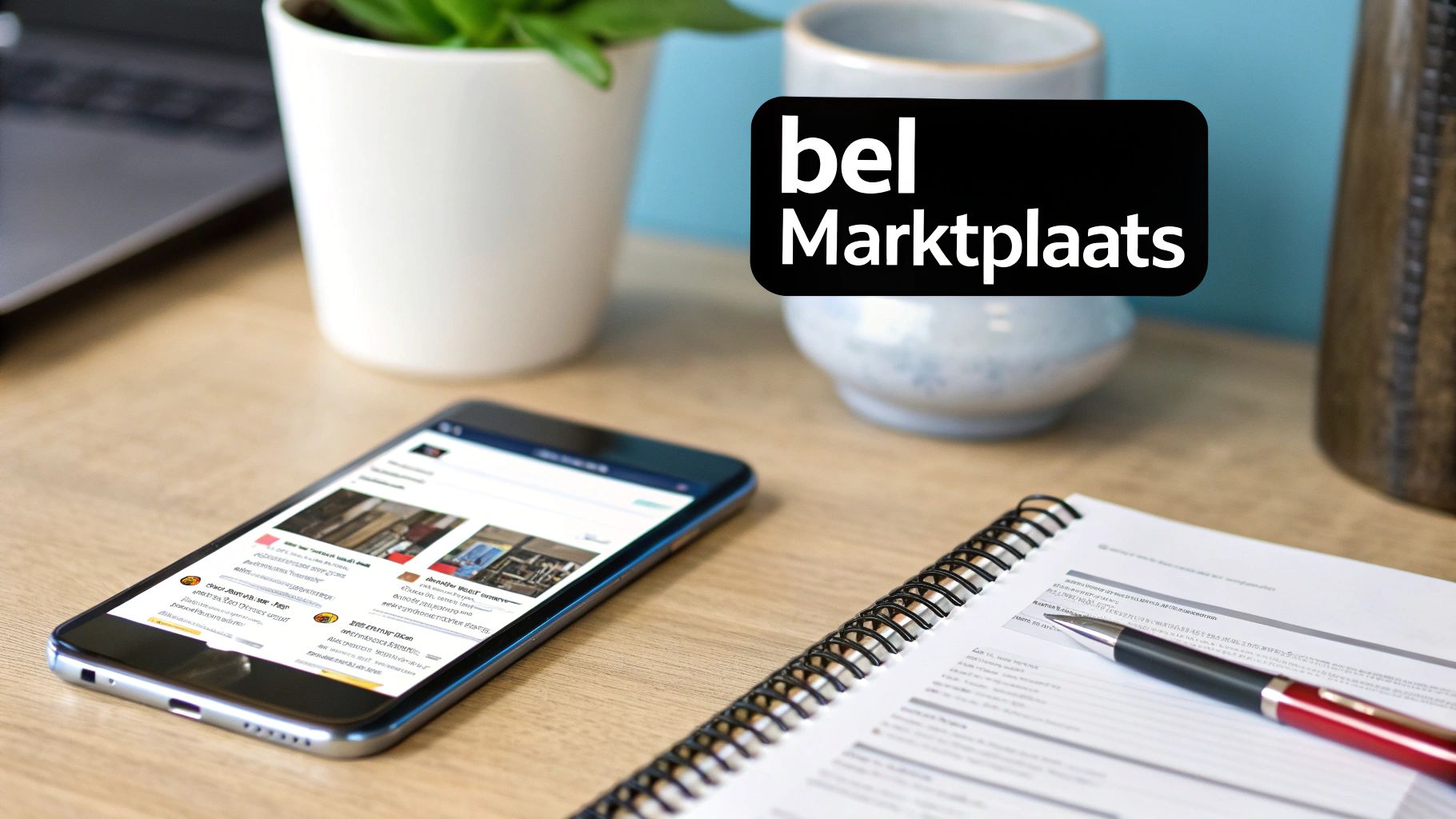 Een smartphone op een bureau met een Marktplaats-advertentie, een notitieboek en de tekst 'bel Marktplaats'.