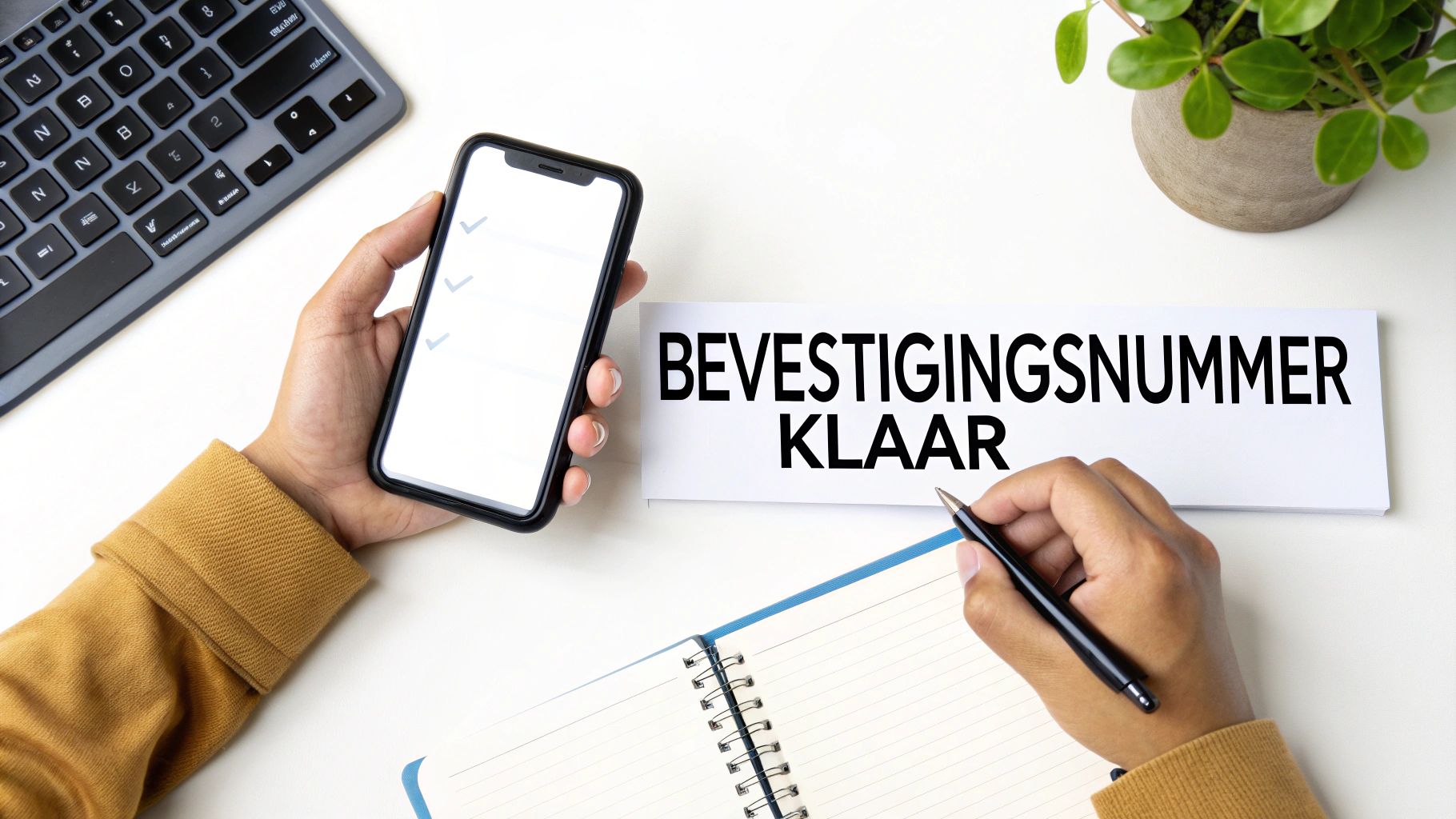 Persoon houdt smartphone vast met checklist, notitieblok en pen op tafel met tekst 'Bevestigingsnummer Klaar'.